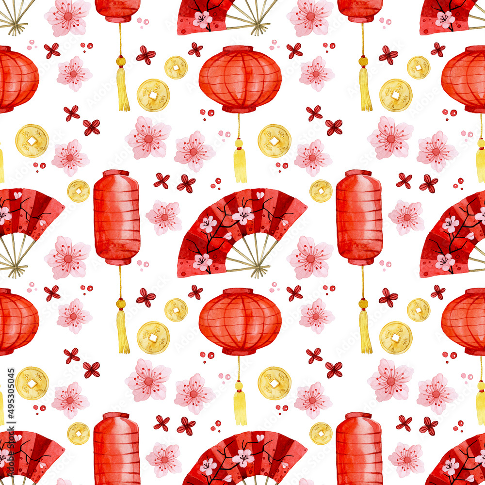 watercolor seamless pattern. Chinese New Year. Chinese fans and lanterns in red and gold on a white 