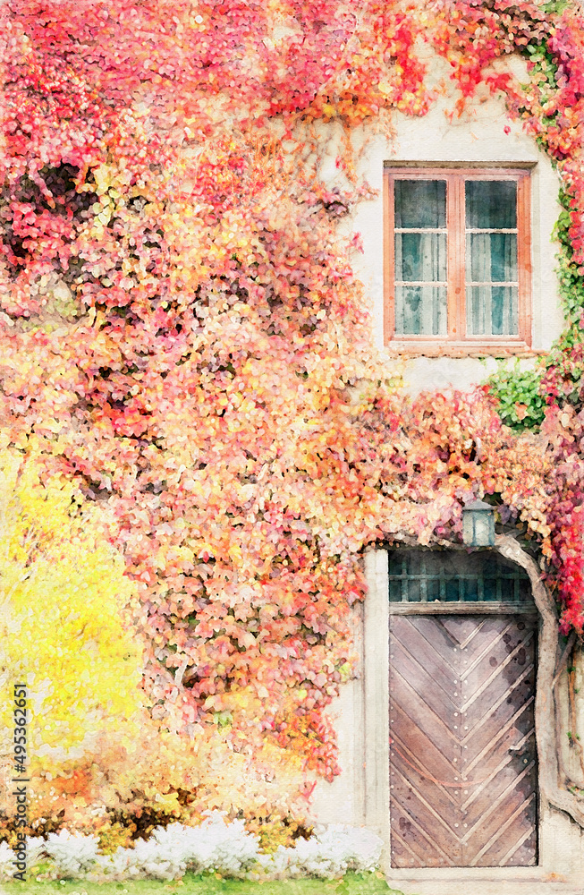 Aquarell eines alten mit Efeu bewachsenen Hauses mit Tür und Fenster