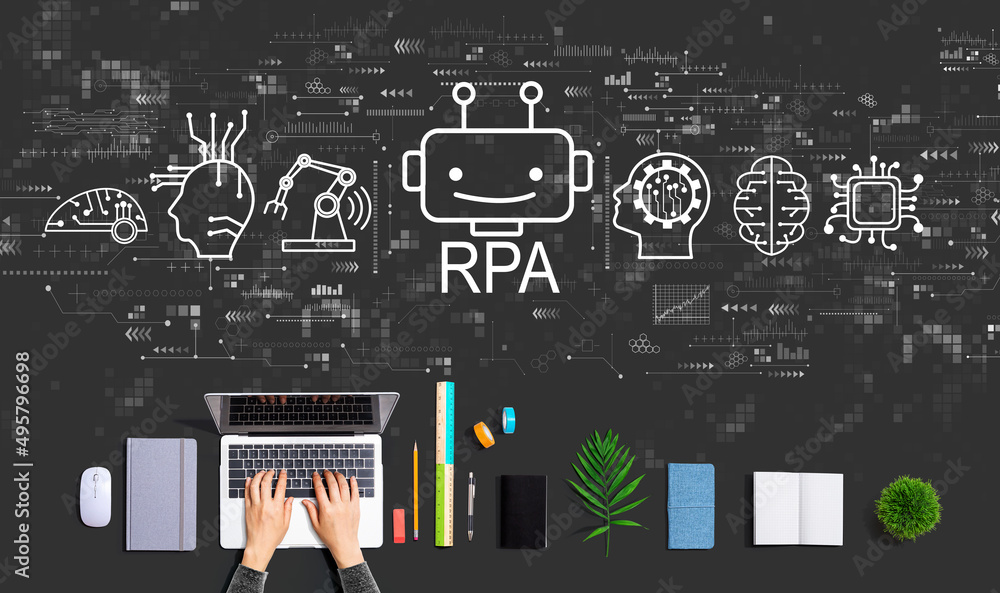 Robotic Process Automation RPA theme with person using a laptop computer