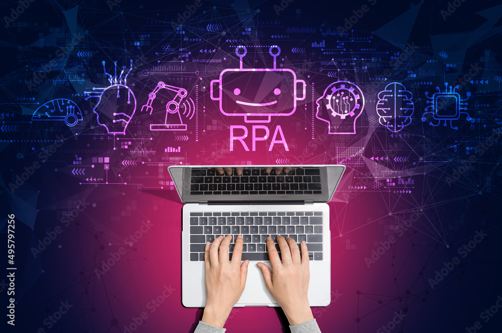 Robotic Process Automation RPA theme with person using a laptop computer