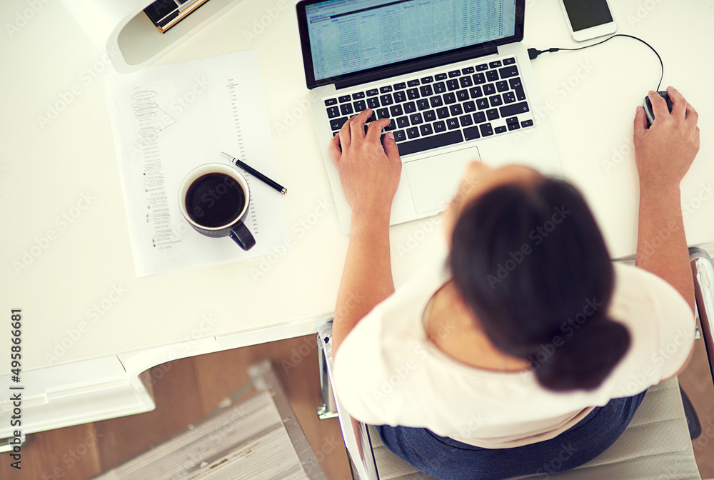 Shes prepared to work for her empire. High angle shot of a young businesswoman working on her laptop