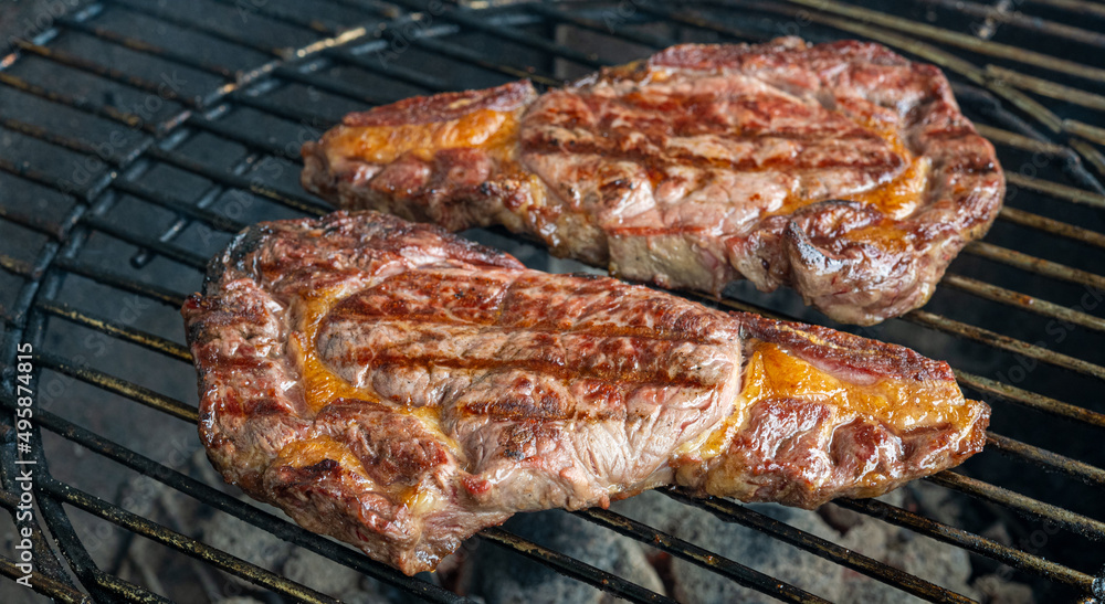 Freunden的Sommer烤架上的Bio Steak auf dem Grill