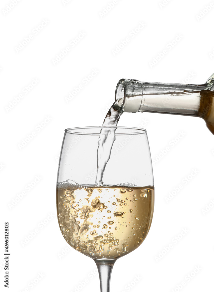 Pouring of tasty wine into glass on white background