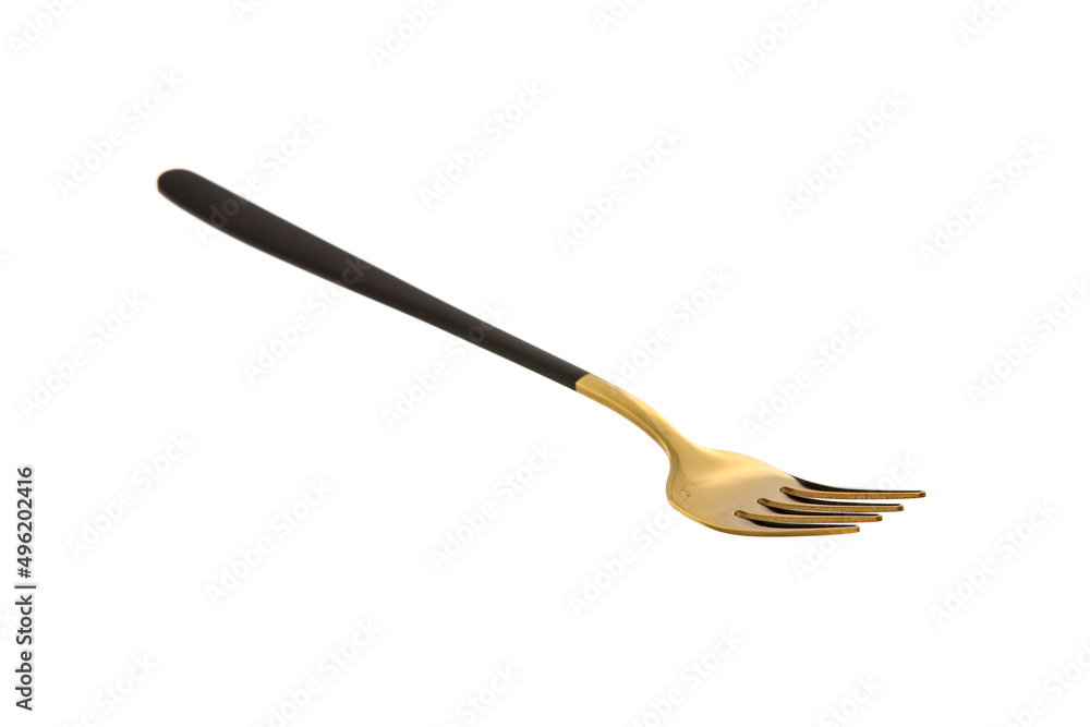 Stylish stainless steel fork on white background