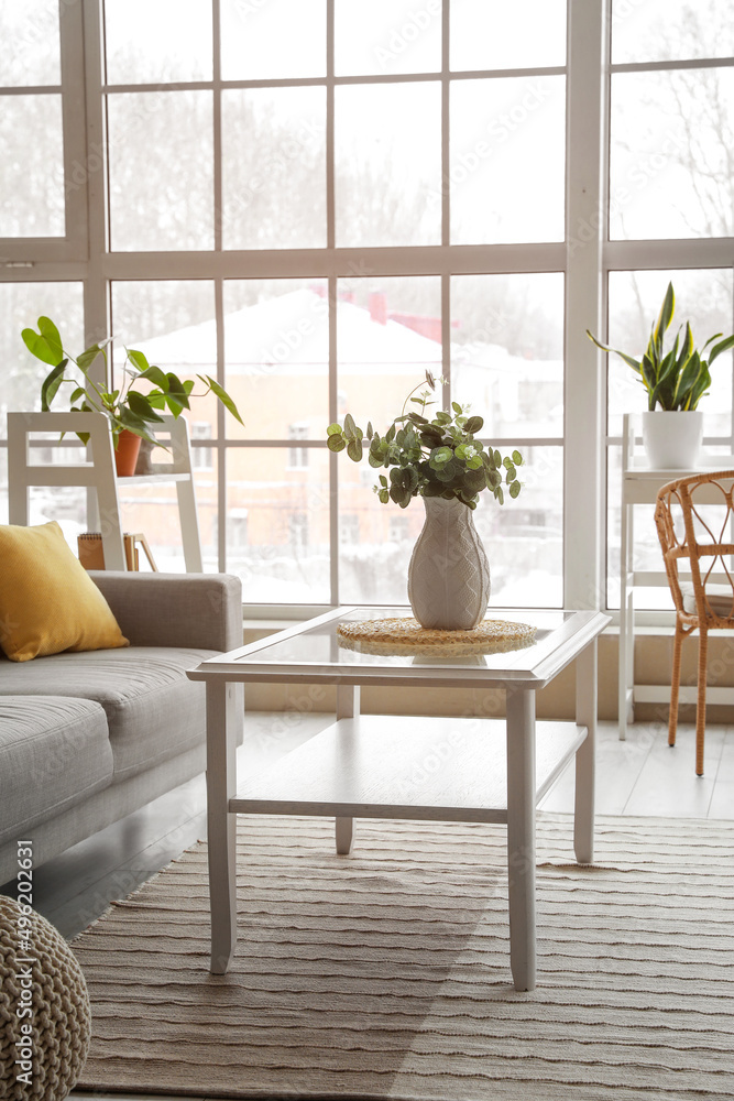 Vase with eucalyptus branches on glass table near sofa in light room