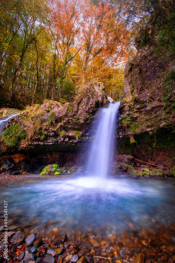 Waterfall with autumn foliage in Fujinomiya, Japan.