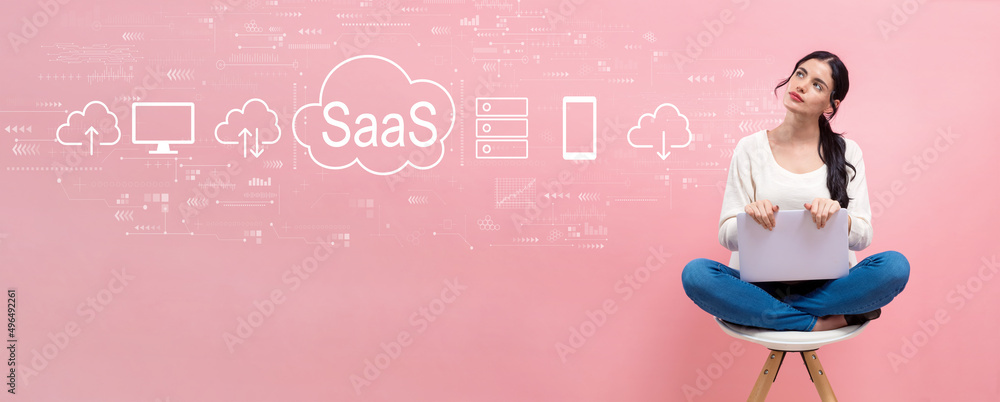 SaaS——年轻女性使用笔记本电脑的软件即服务概念