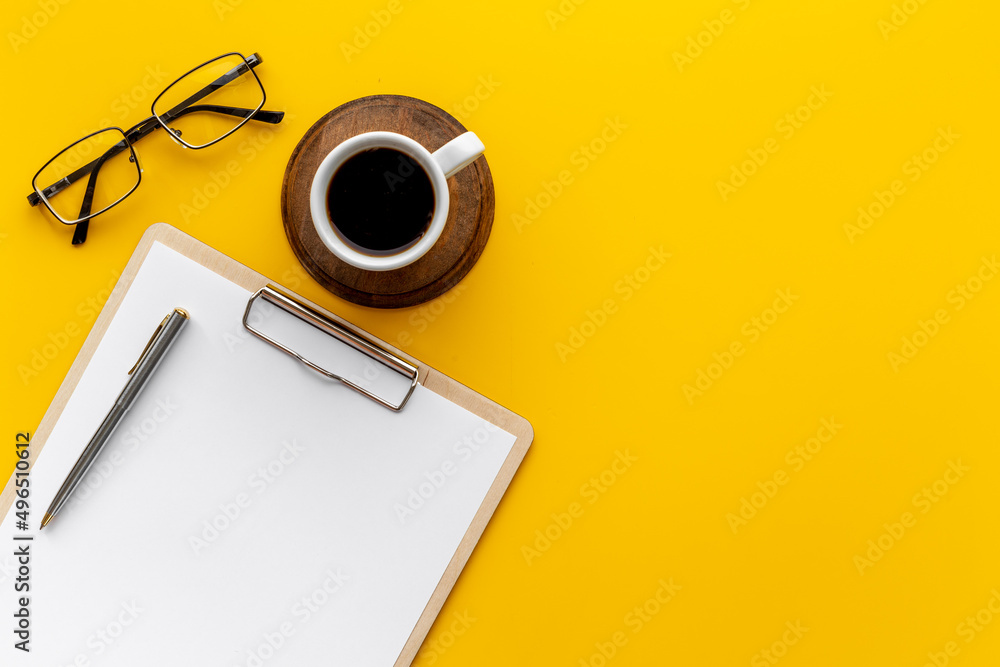 Flatlay of office workplace supplies, top view