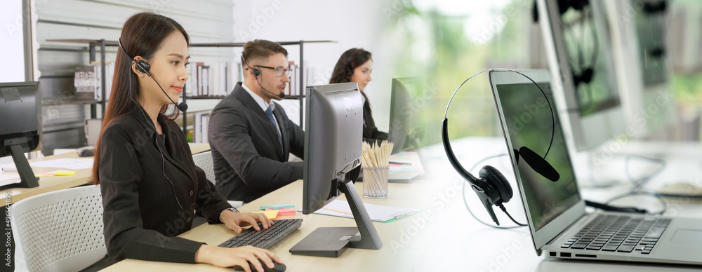 Business people wearing headset working in office to support remote customer or colleague. Call cent