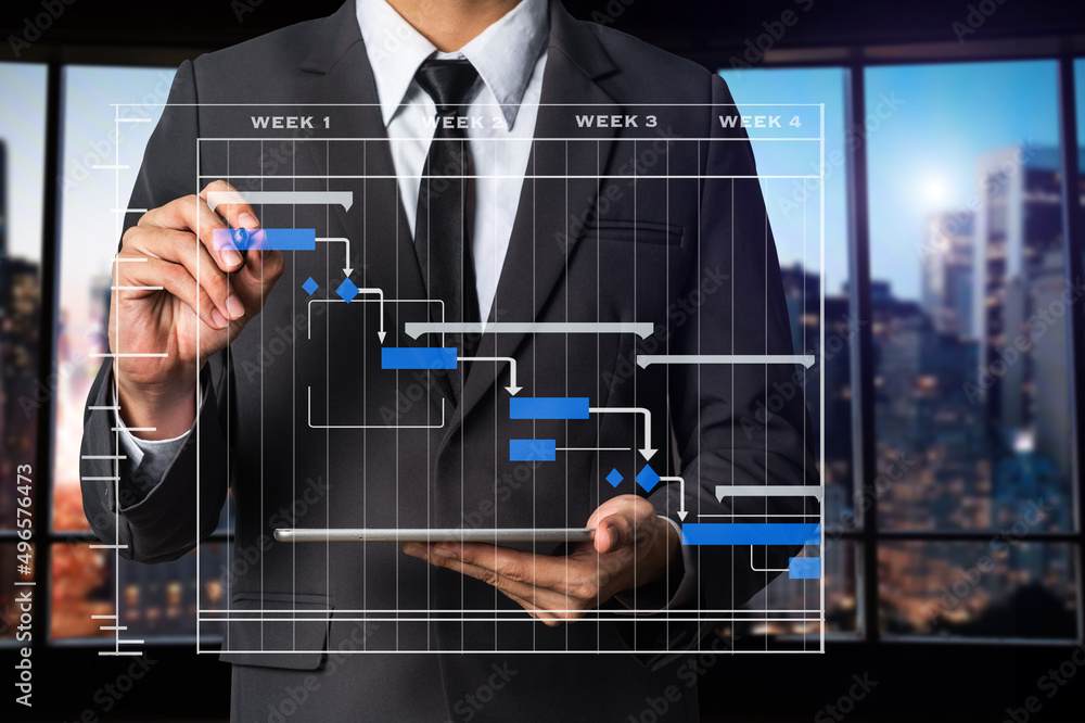 Project manager working and update tasks with milestones progress planning and Gantt chart schedulin