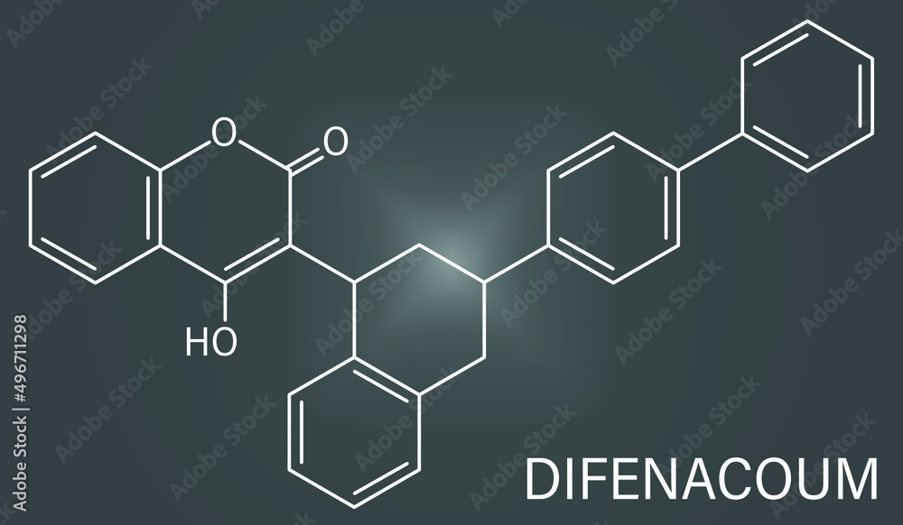 Difenacoum灭鼠剂分子（维生素K拮抗剂）。骨骼配方。