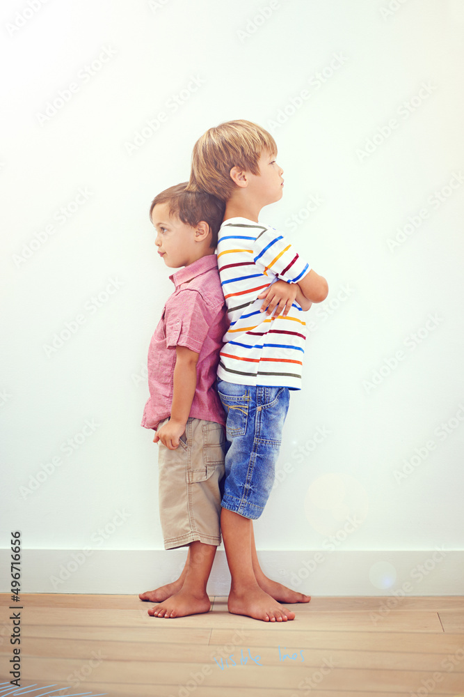 Little brother, big brother. Two little boys standing back to back.