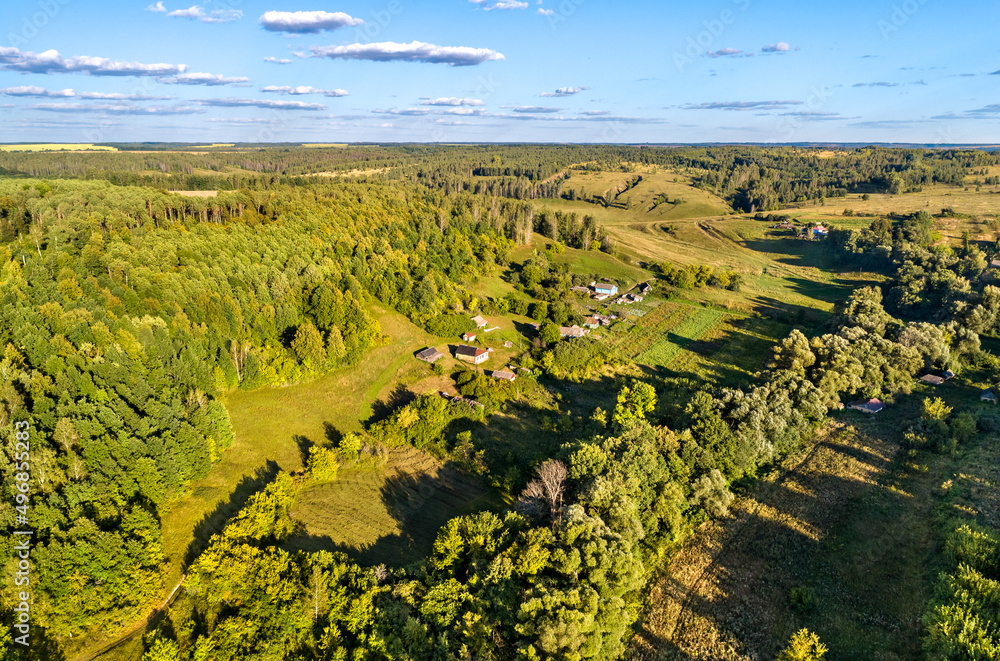 Aerial landscape of the Central Black Earth Region of Russia. Bolshoe Gorodkovo village, Kursk regio