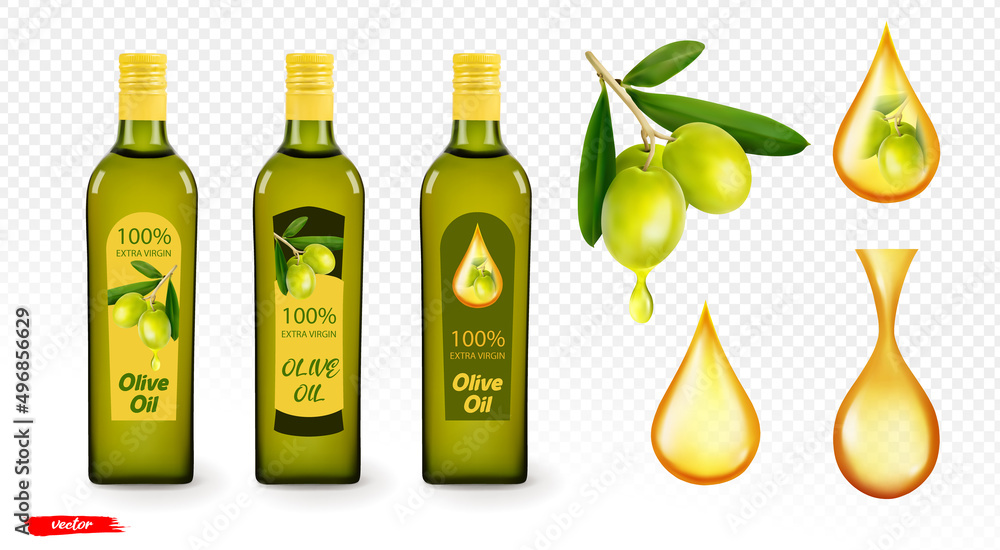 Olive branch and olive oil bottle isolated. Oil drops on transparent background. Realistic vector il