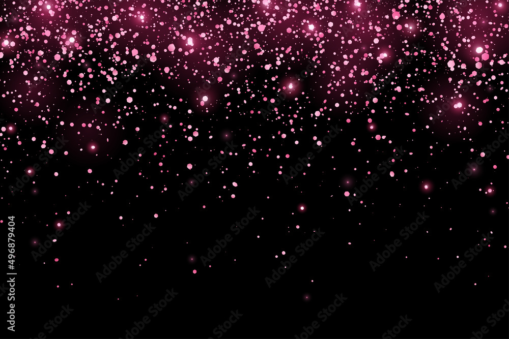 Hot pink glitter holiday confetti with glow lights on black background. Vector