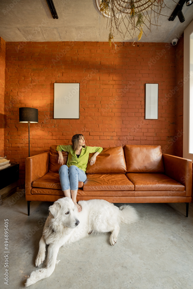 Young woman relaxing on a couch with her white dog at home. Wide view on modern living room in loft 