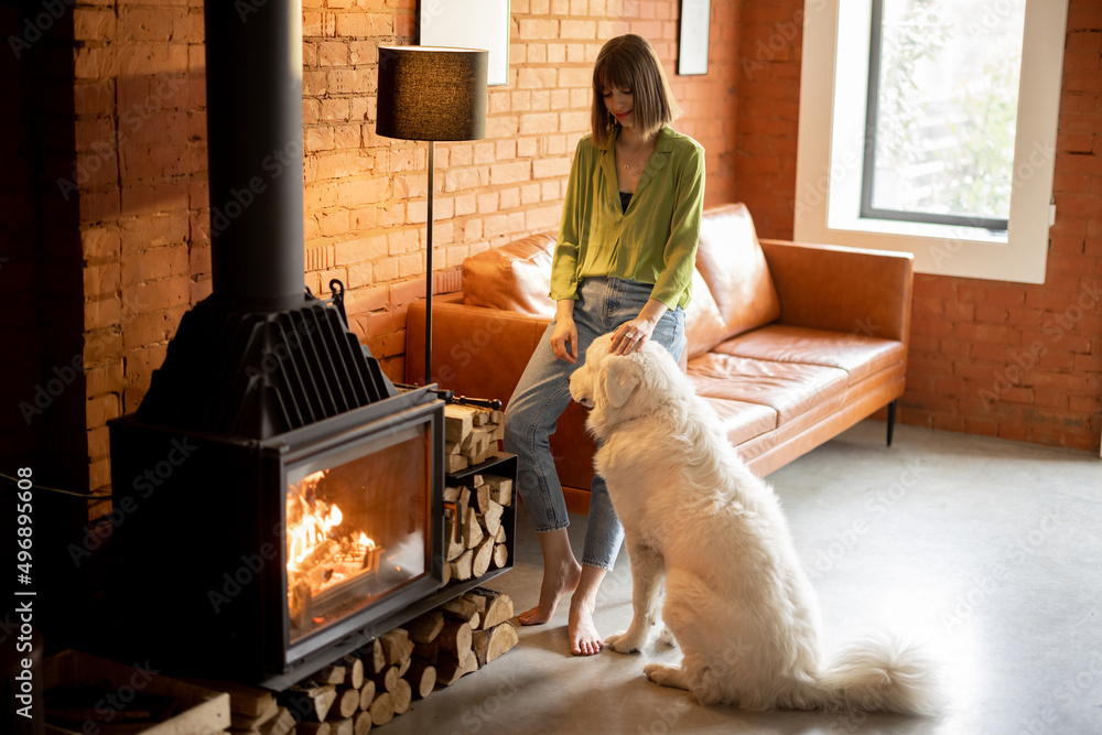 Young woman feeds her white adorable dog, spending time together in cozy living room at home. Concep