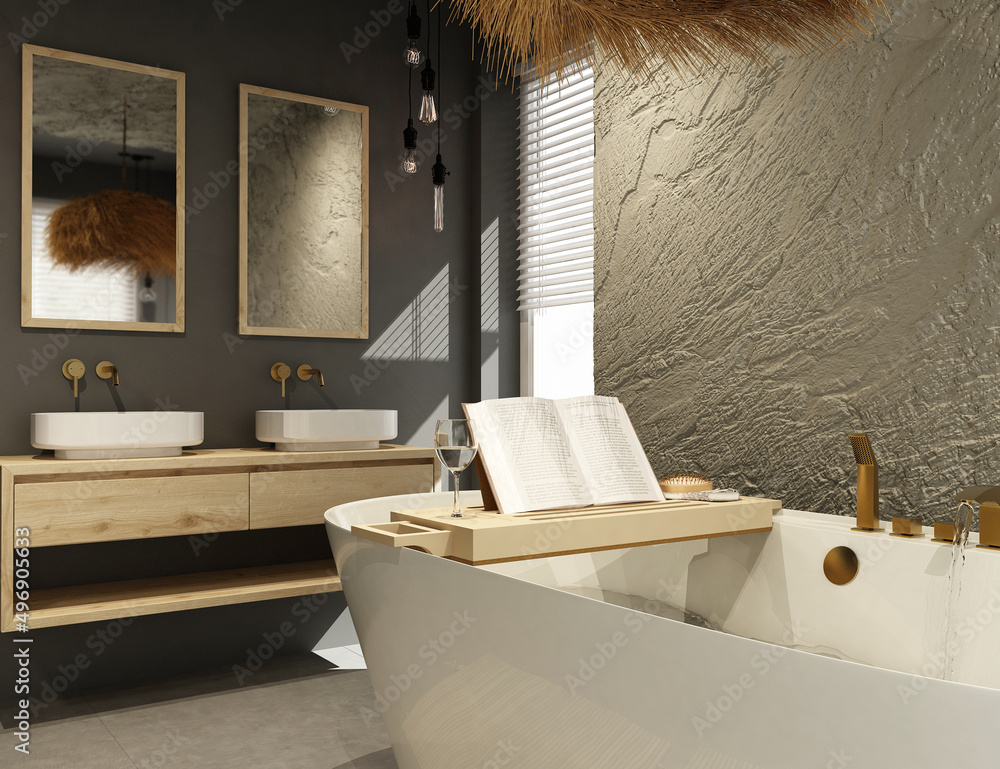 Modern bathroom interior with wooden decor in eco style. 3D Render	