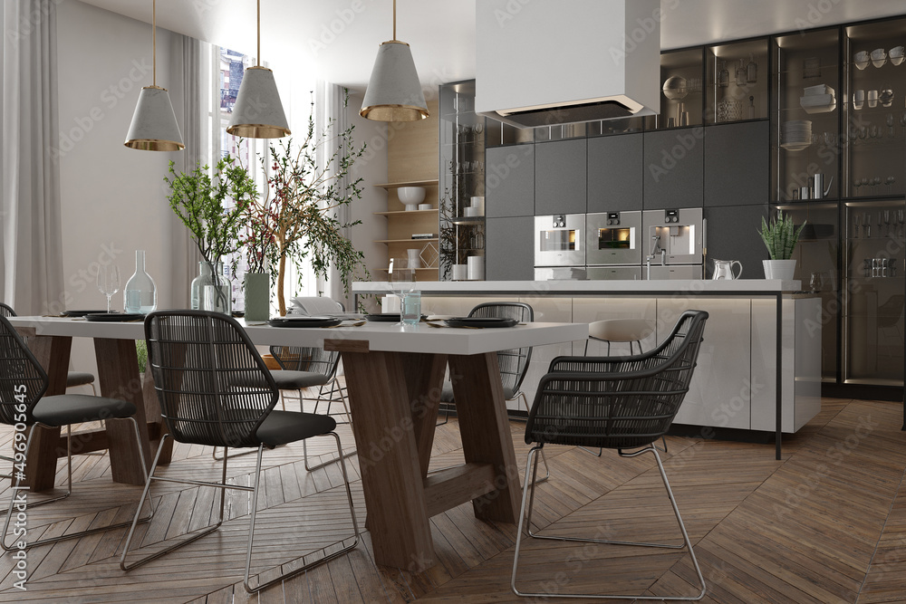 Modern interior of black kitchen with living room	