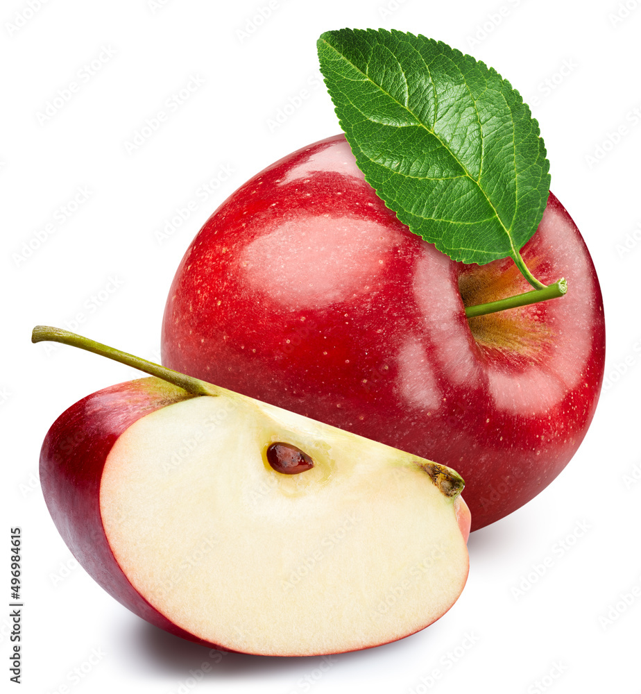 Apple isolated on white background. Apple clipping path. Apple with leaves