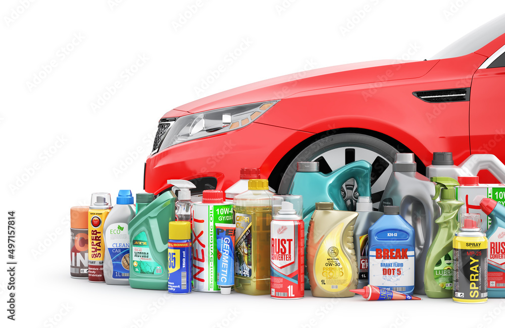 Different Bottles of car maintenance products near red car. Oil, detergents and lubricants. 3d illus