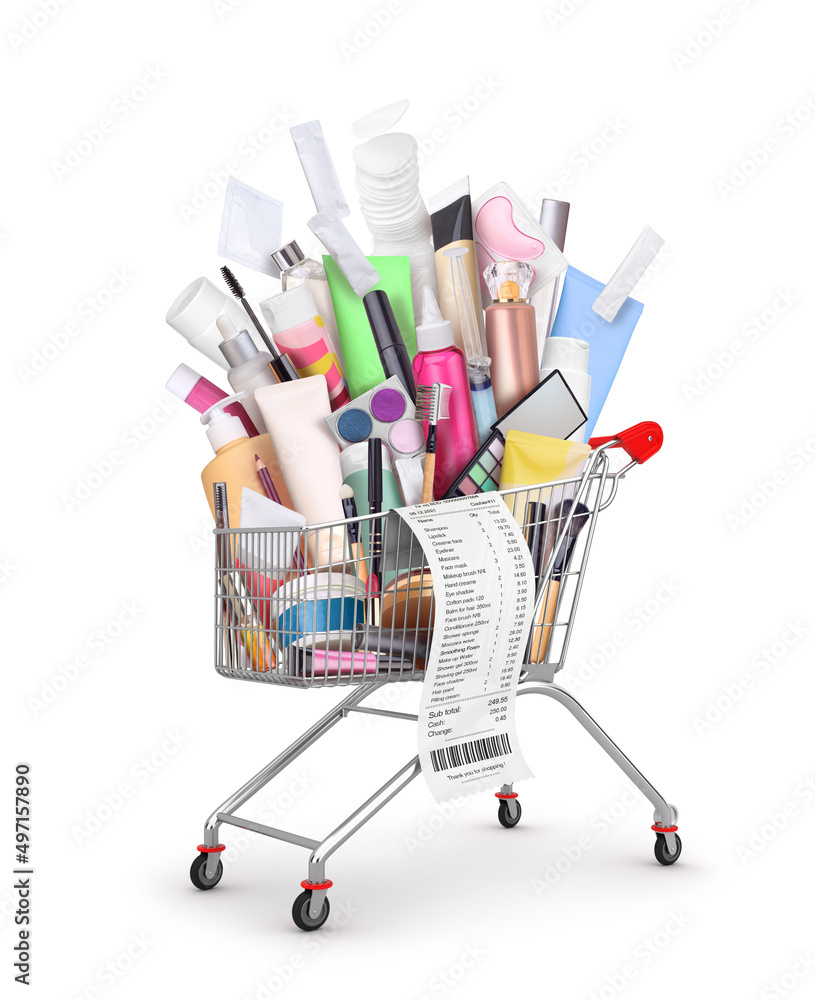 cosmetic and parfume in shopping trolley isolated