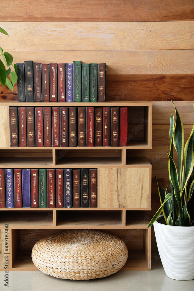 Stylish bookcase with houseplants and pouf near wooden wall