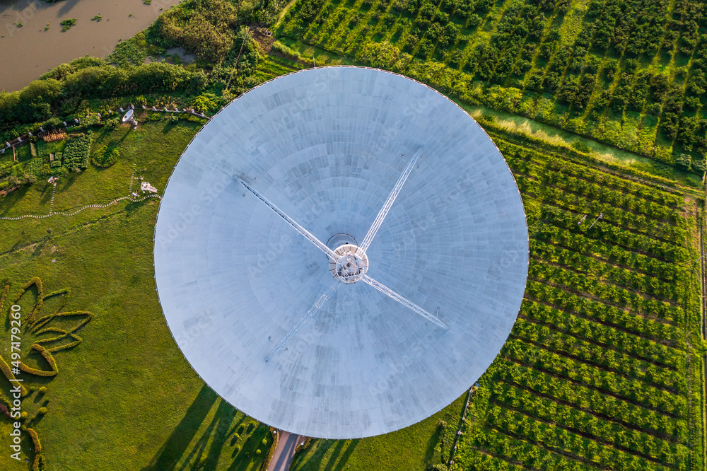 Aerial view of astronomical radio telescope. High angle view.