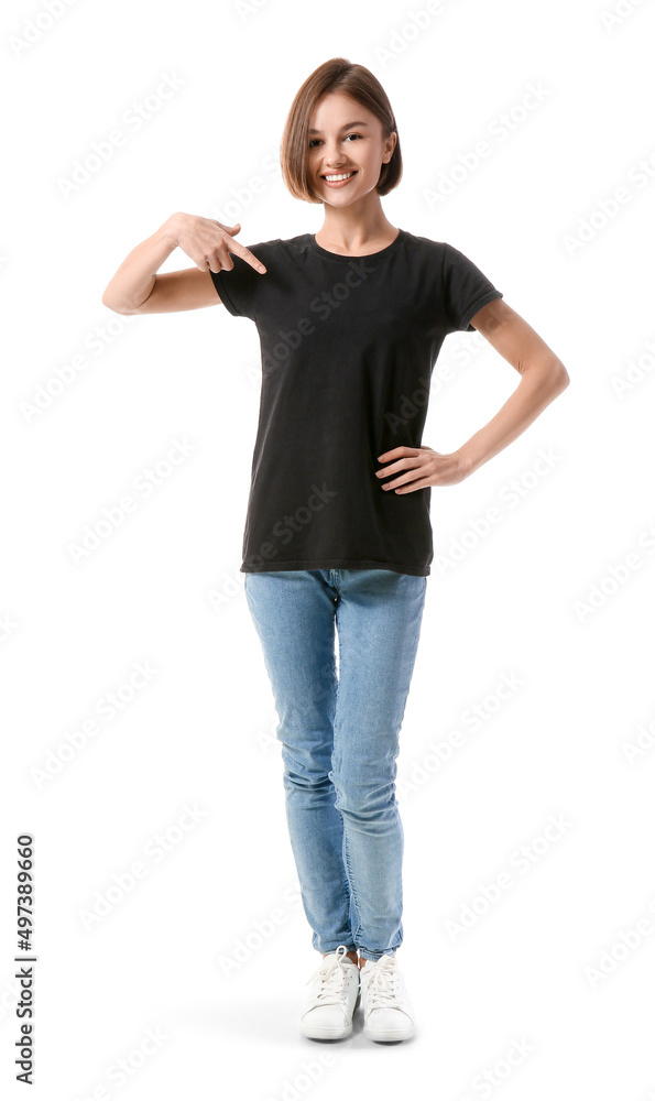 Beautiful young woman in stylish t-shirt on white background