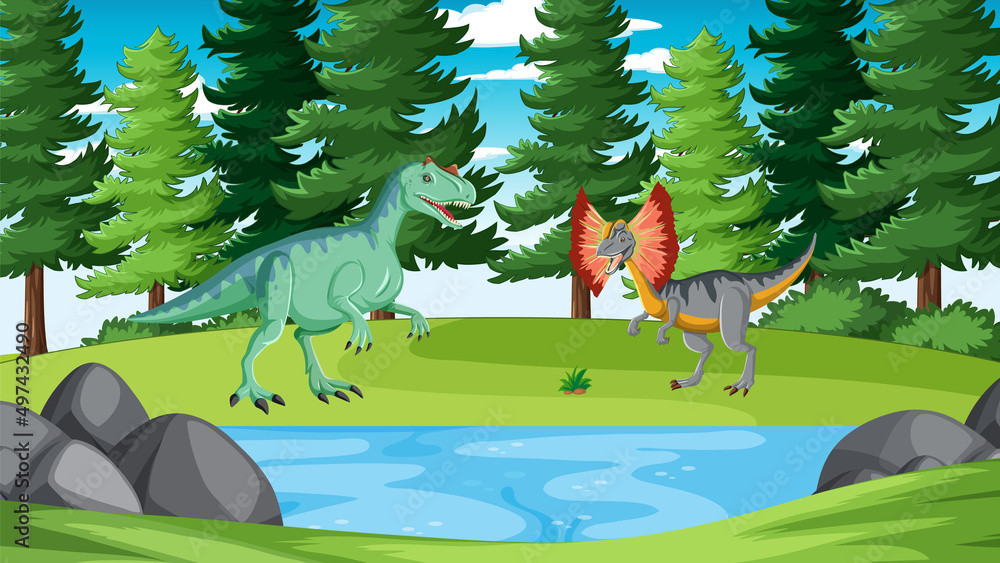 Nature scene with pond and Dinosaur