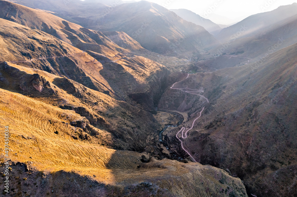 Deep canyon between Vinicunca and Palccoyo Rainbow Mountains in the Andes of Peru