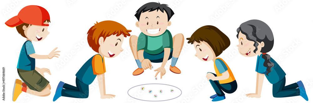 Children playing marbles on white background