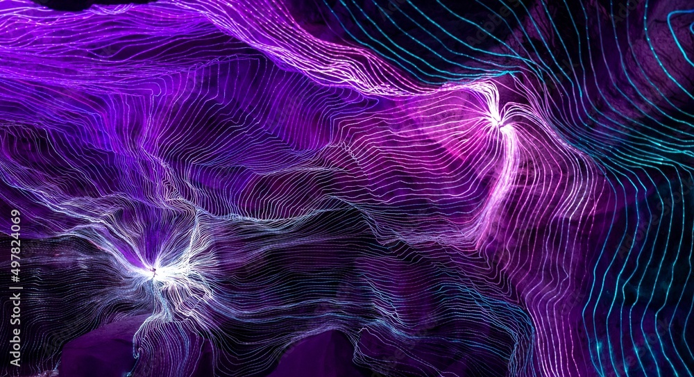 Abstract wave of digital weave lines connecting network dots and dark background . Modern 3D mesh pa