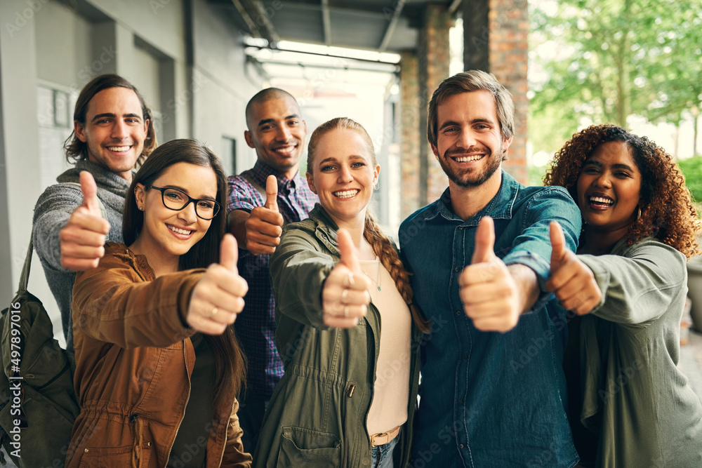 Say yes to an education. Portrait of a group of happy young students giving thumbs up together on ca