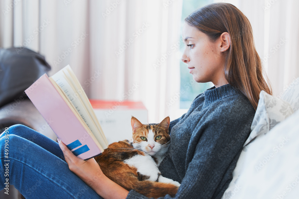 Moms lap is the cosiest spot for a nap. Shot of a young woman reading a book with a cat on her lap a