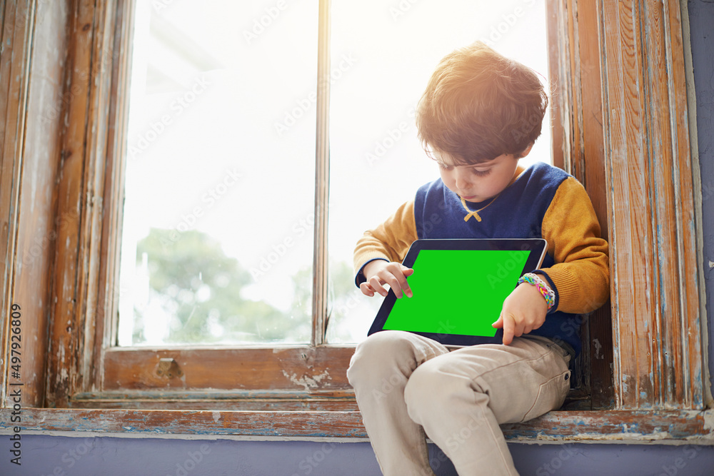 Kids these days are all about technology. Cropped shot of a young boy using a tablet while sitting o