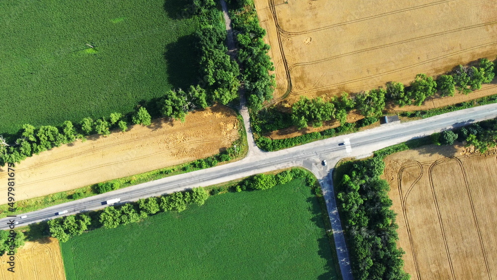 无人机在黄绿色农业麦田之间的沥青道路交叉口上空进行空中观察飞行