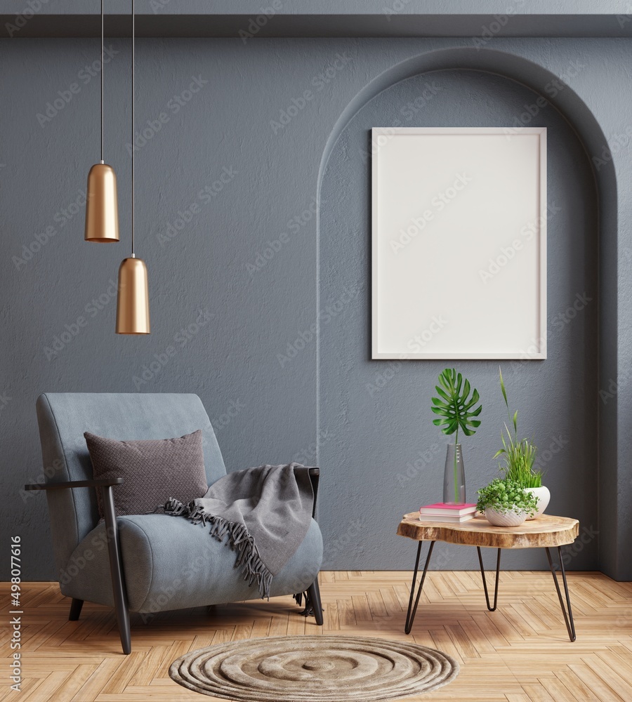 Mock up poster frame in modern interior on blue plaster wall background.