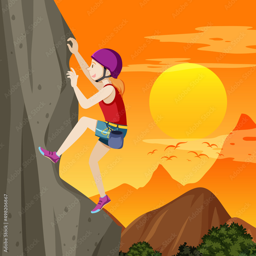 Rock climber on cliff at sunset time