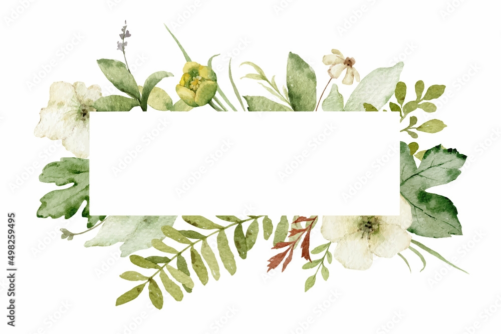 Watercolor vector frame with green forest foliage and flowers.