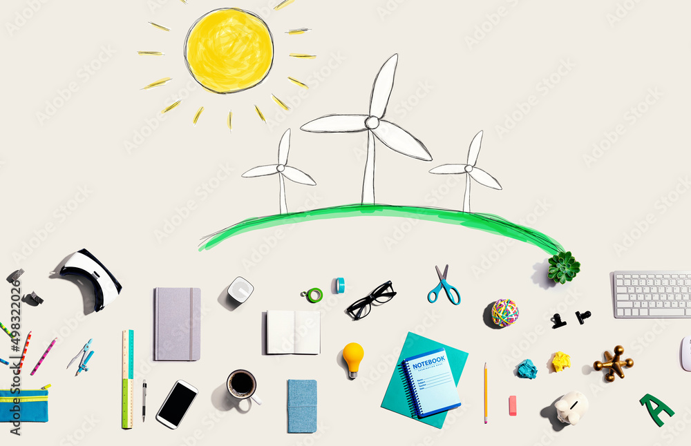 Windmills theme with collection of electronic gadgets and office supplies