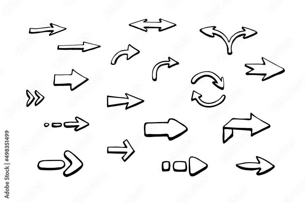 涂鸦风格的手绘箭头。一组不同方向和形状的黑色箭头。向上，d
