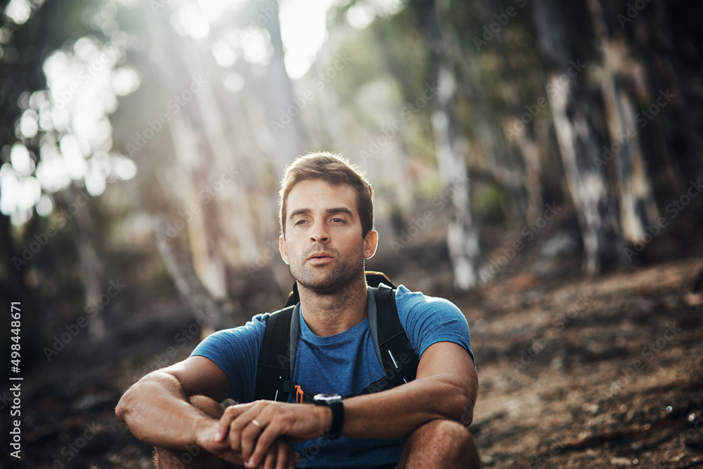 Its just me and my thoughts. Cropped shot of a carefree young man taking a quick break from hiking u