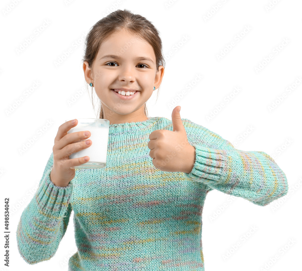 Little girl with glass of milk showing thumb-up on white background