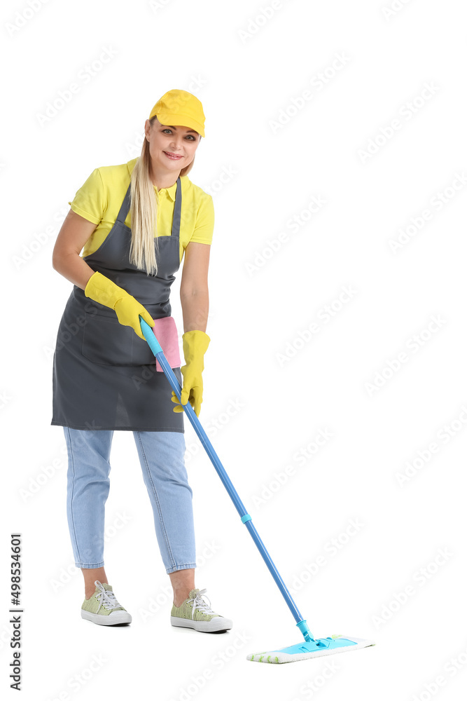 Worker of cleaning service with mop on white background