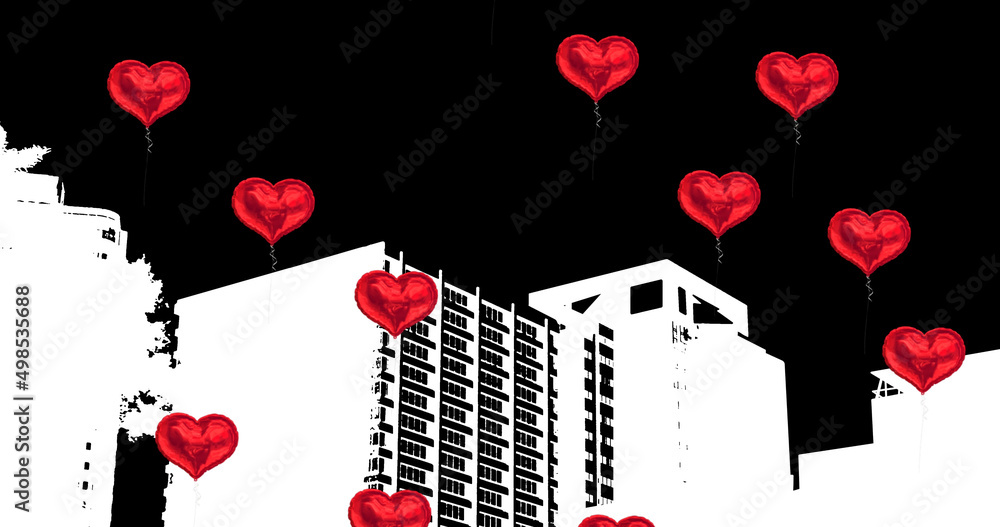 Image of heart shape balloons and cityscape on black background