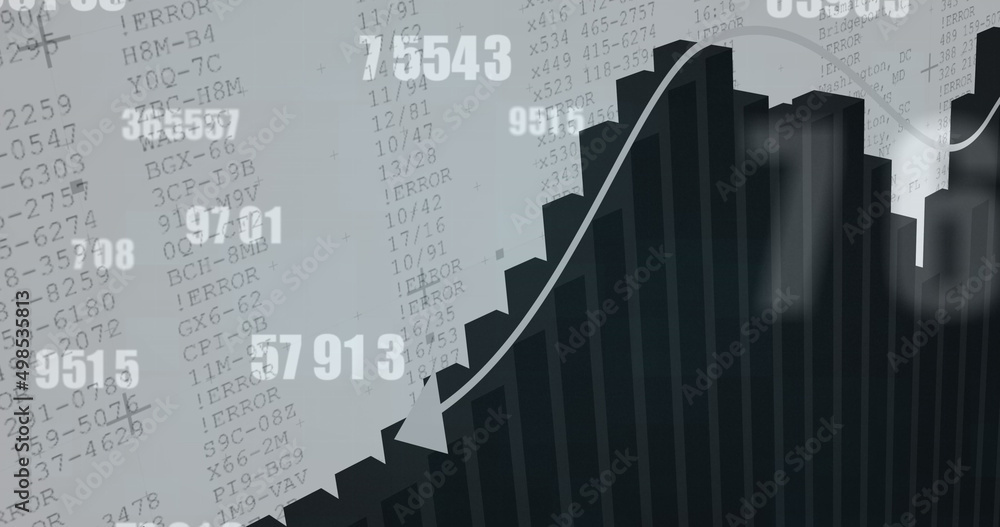 Multiple changing numbers and statistical data processing and graphs against white background