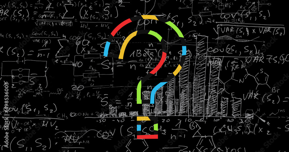 黑色背景上的问号和数学方程图像