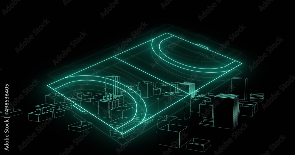 绿色霓虹运动场和城市景观旋转的图像
