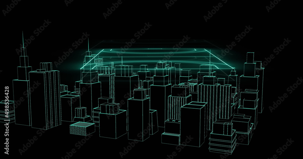 绿色霓虹运动场和城市景观旋转的图像